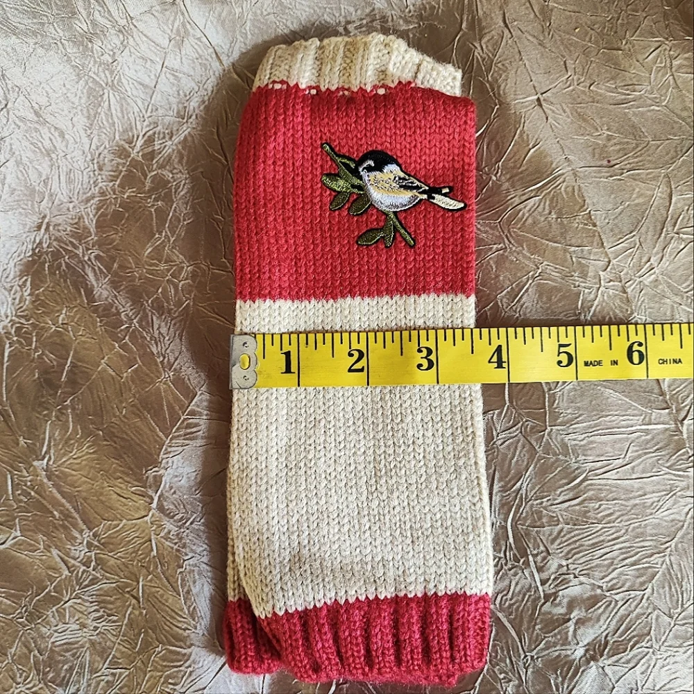 Fingerless Warm Gloves Thumb Holes Red and Cream Embroidered Birds Mittens NEW